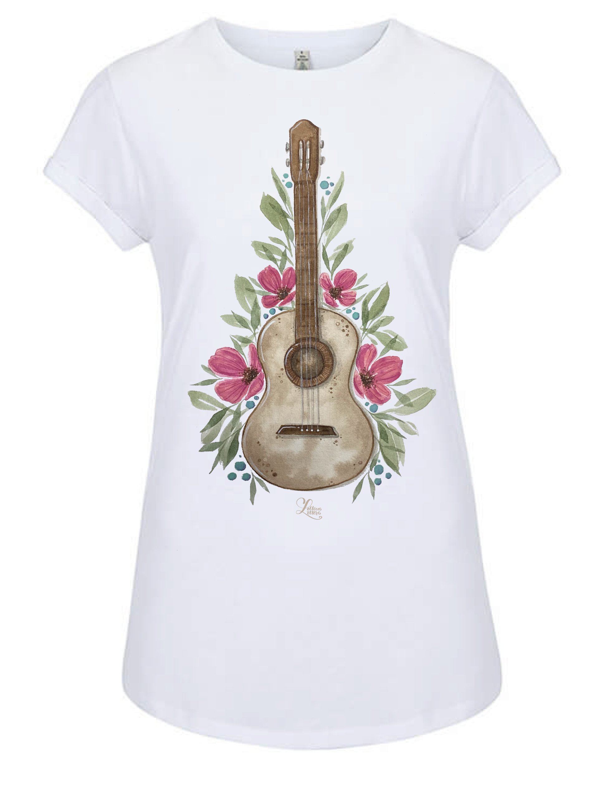 Damen T-Shirt mit aufgerollten Ärmelenden aus recyceltem PET und recycelter Biobaumwolle - Motiv Ukulele
